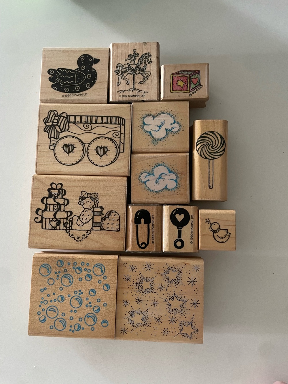 Wood Rubber Stamps Baby Shower Lot of 13 Crafts Scrapbook Gift Tags USED